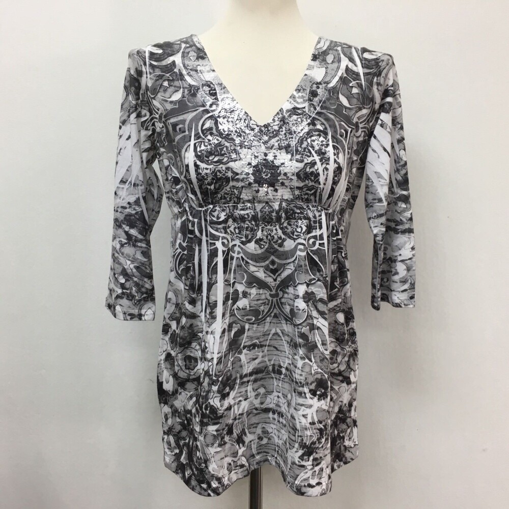 Kiara Women's Top Small S Gray White Floral Sequins